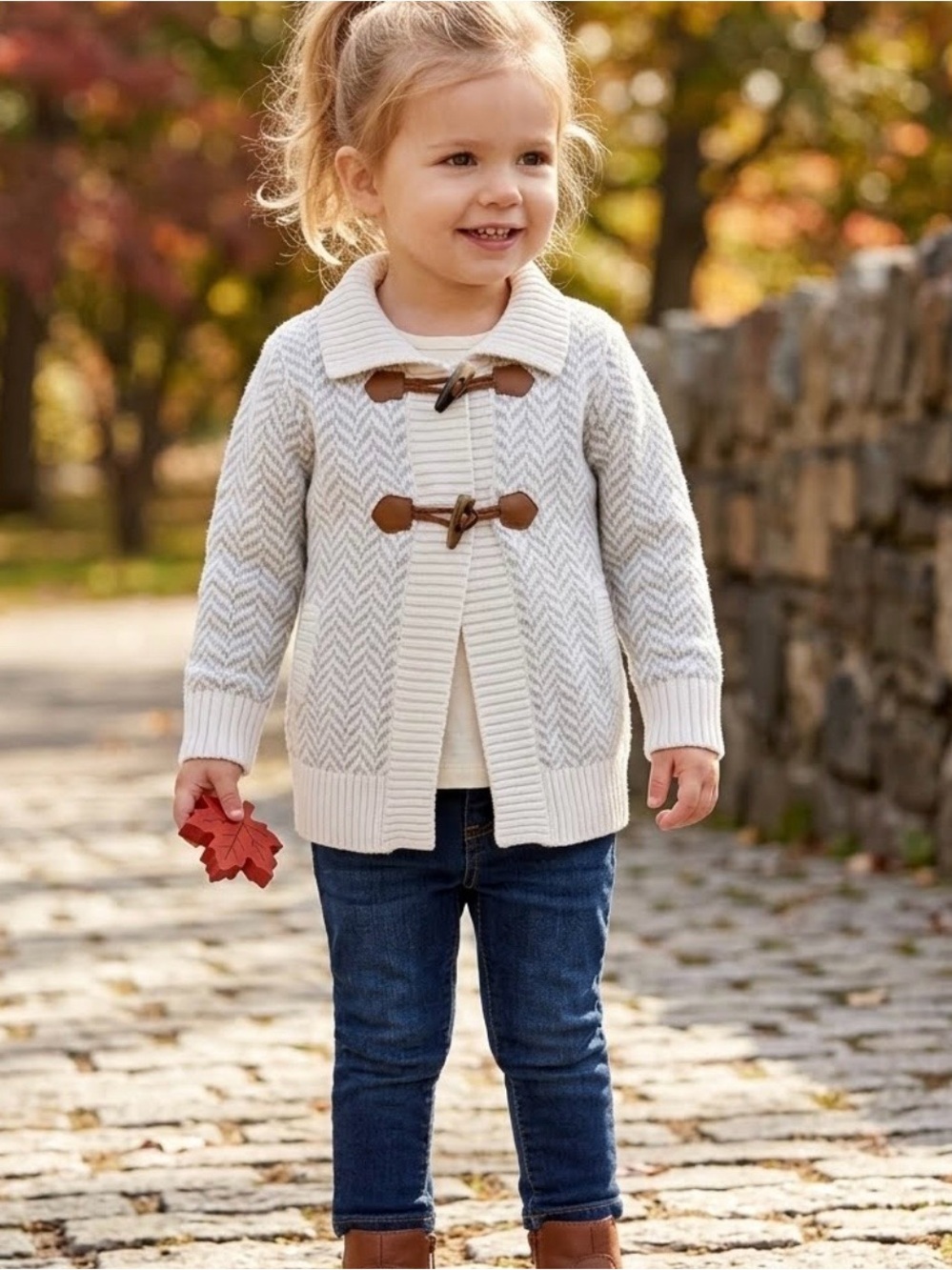 Hope & Henry Girls' Sweater Coat with Toggles Gray Herringbone Size 18-24 Month